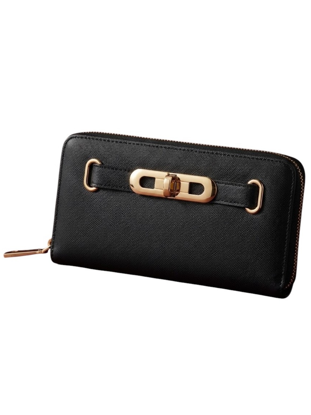 FLORENCE FRED FF Black Gold Buckle Zip Around Wallet Purse Organizers One Size